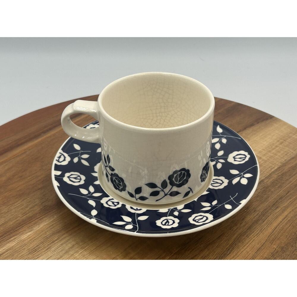Vtg Yamaka Masquerade Tea Cup & Saucer Set Cobalt Blue White Floral Japan Coffee